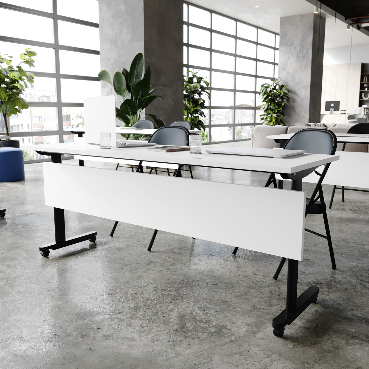 White Top/Black Frame |#| Commercial Nesting Flip Training Table with Steel Frame and T-Legs in White/Blk