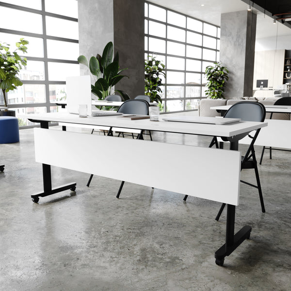 White Top/Black Frame |#| Commercial Nesting Flip Training Table with Steel Frame and T-Legs in White/Blk