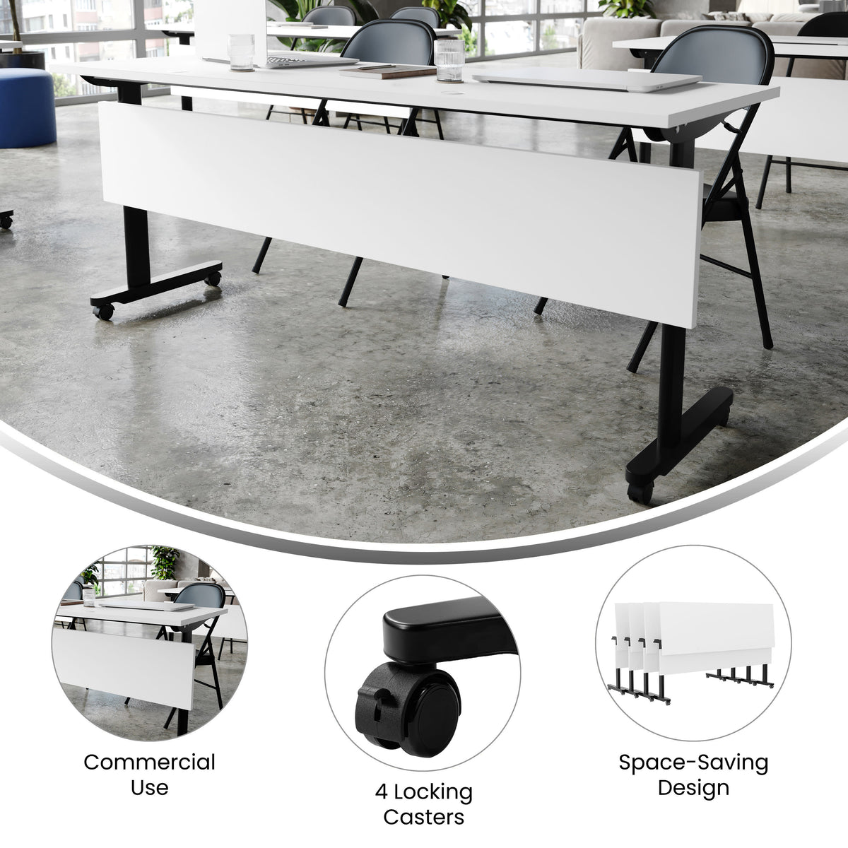 White Top/Black Frame |#| Commercial Nesting Flip Training Table with Steel Frame and T-Legs in White/Blk