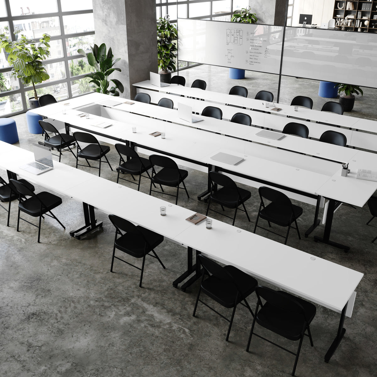White Top/Black Frame |#| Commercial Nesting Flip Training Table with Steel Frame and T-Legs in White/Blk