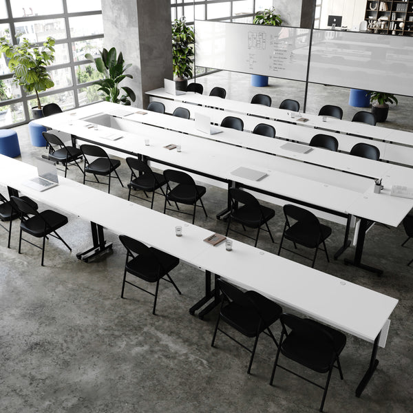 White Top/Black Frame |#| Commercial Nesting Flip Training Table with Steel Frame and T-Legs in White/Blk