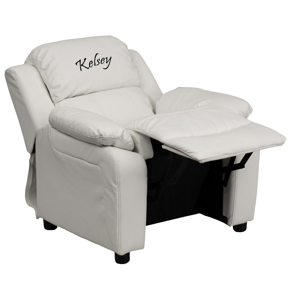 White Vinyl |#| Personalized Deluxe Padded White Vinyl Kids Recliner with Storage Arms