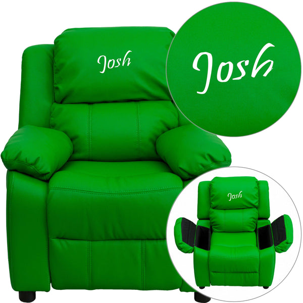 Green Vinyl |#| Personalized Deluxe Padded Green Vinyl Kids Recliner with Storage Arms