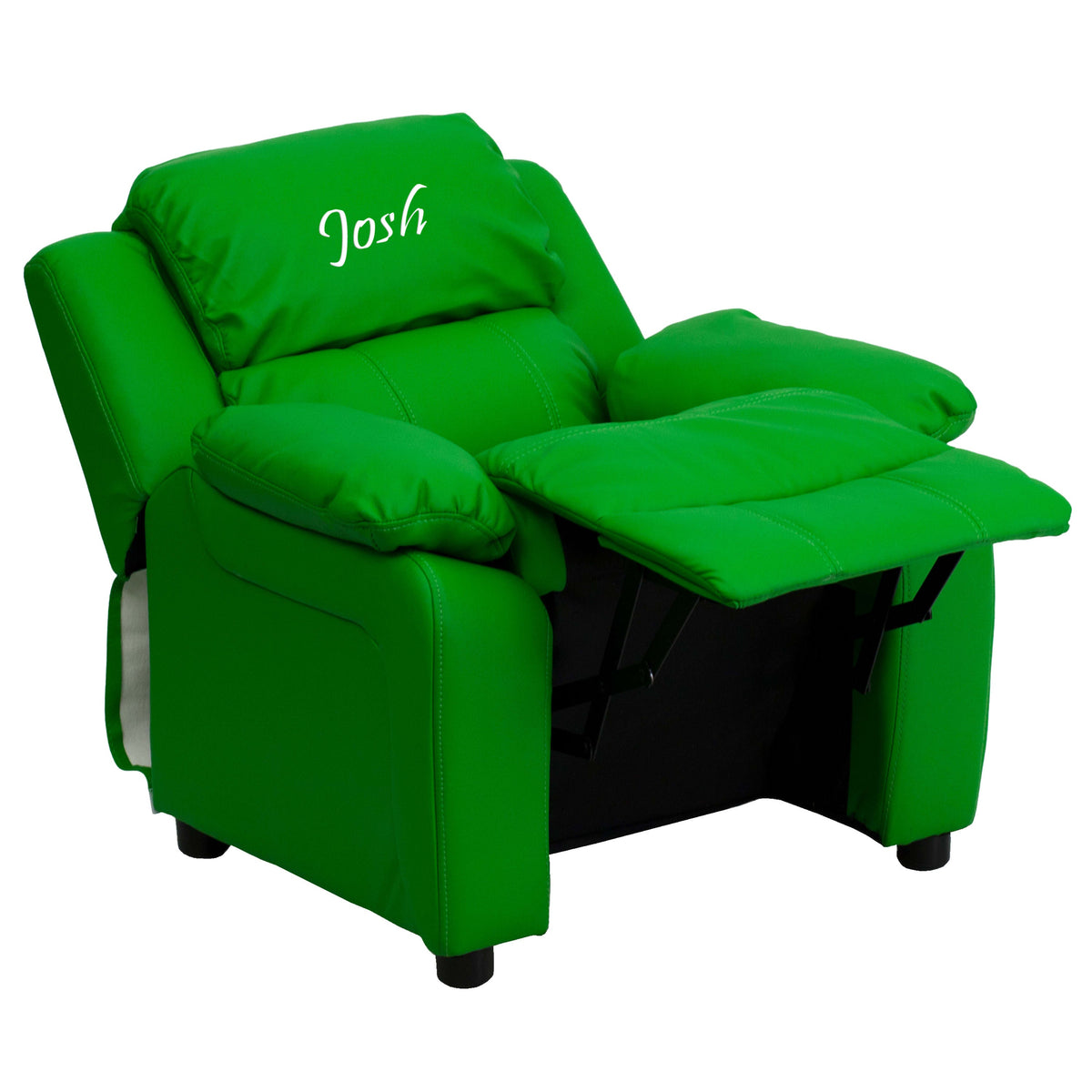 Green Vinyl |#| Personalized Deluxe Padded Green Vinyl Kids Recliner with Storage Arms