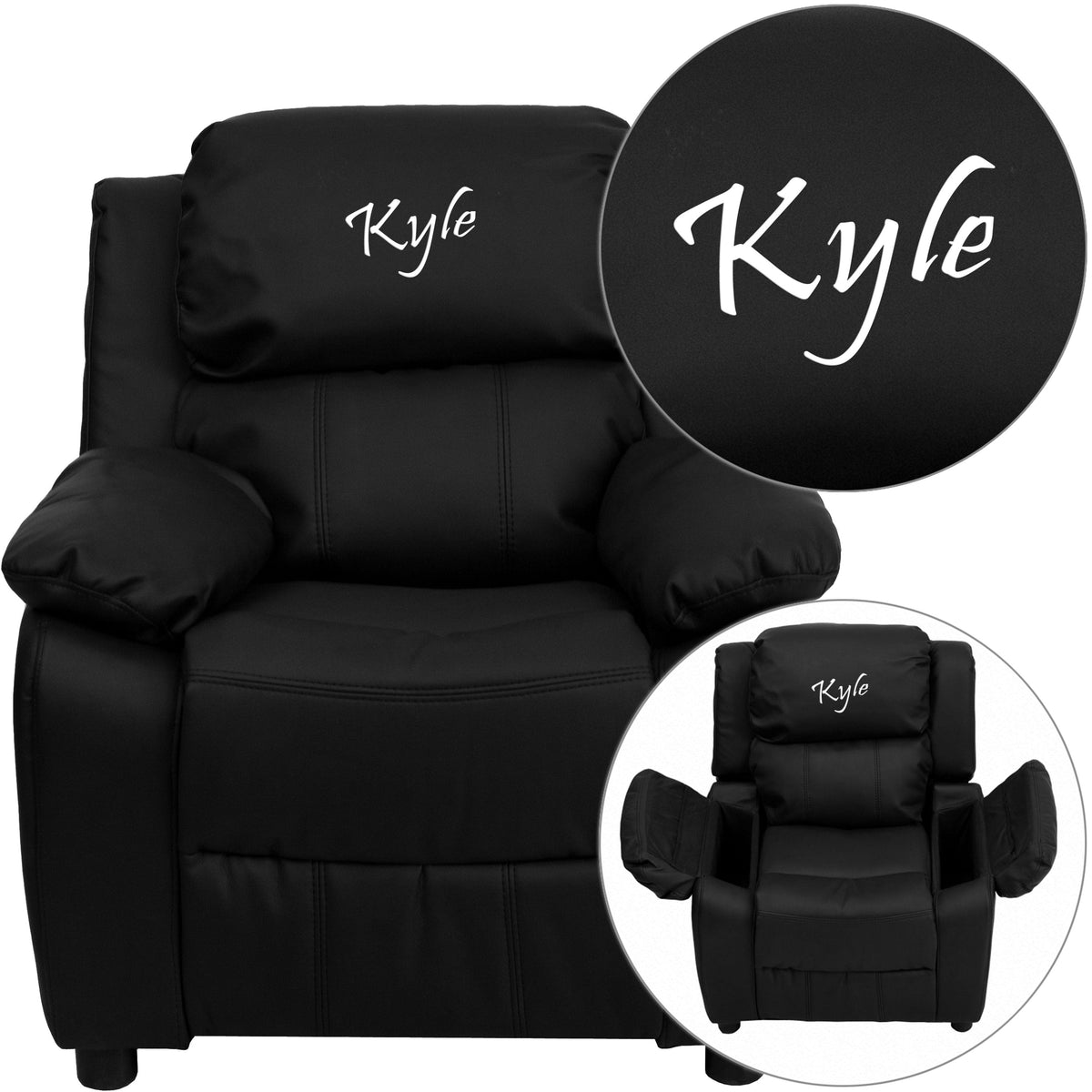 Black LeatherSoft |#| Personalized Deluxe Padded Black LeatherSoft Kids Recliner with Storage Arms