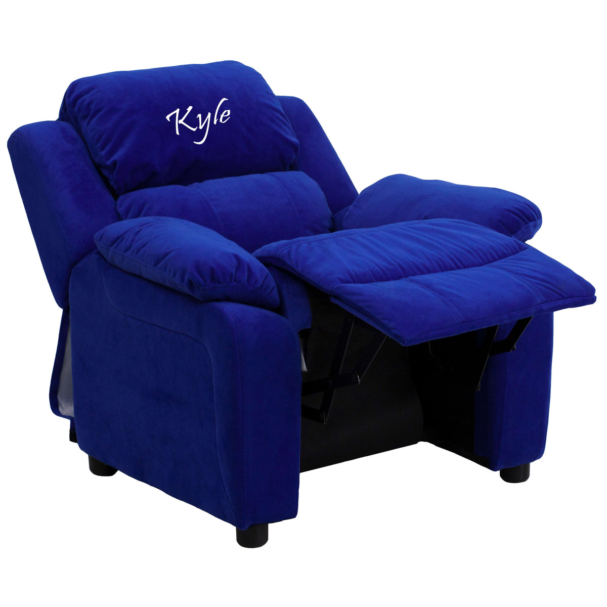 Blue Microfiber |#| Personalized Deluxe Padded Blue Microfiber Kids Recliner with Storage Arms