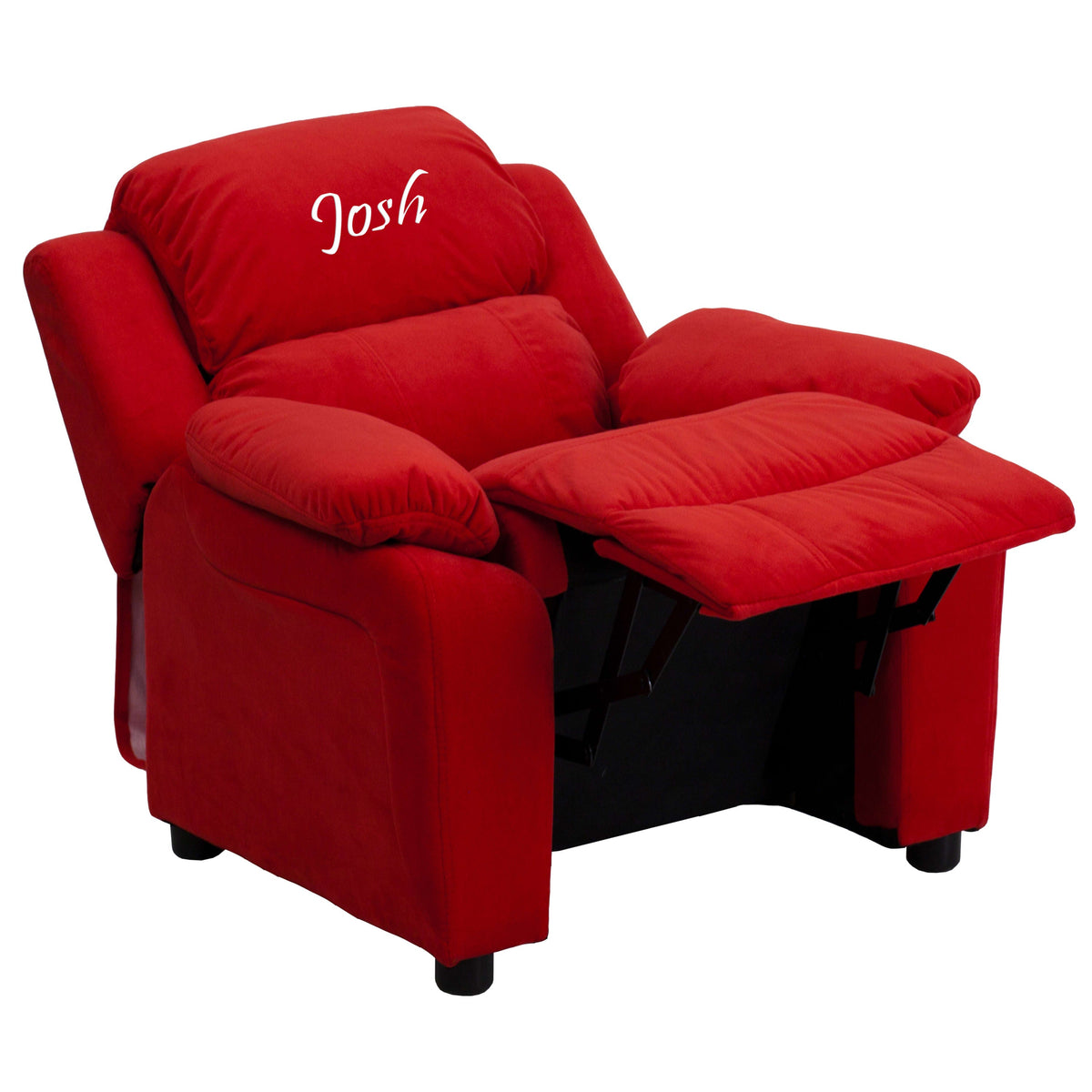 Red Microfiber |#| Personalized Deluxe Padded Red Microfiber Kids Recliner with Storage Arms