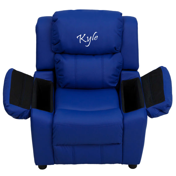 Blue Vinyl |#| Personalized Deluxe Padded Blue Vinyl Kids Recliner with Storage Arms