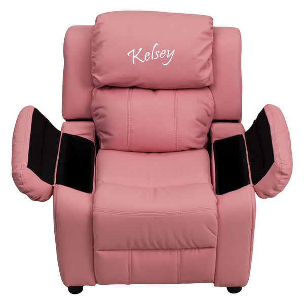 Pink Vinyl |#| Personalized Deluxe Padded Pink Vinyl Kids Recliner with Storage Arms