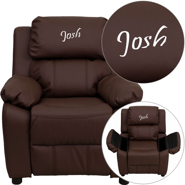 Brown LeatherSoft |#| Personalized Deluxe Padded Brown LeatherSoft Kids Recliner with Storage Arms