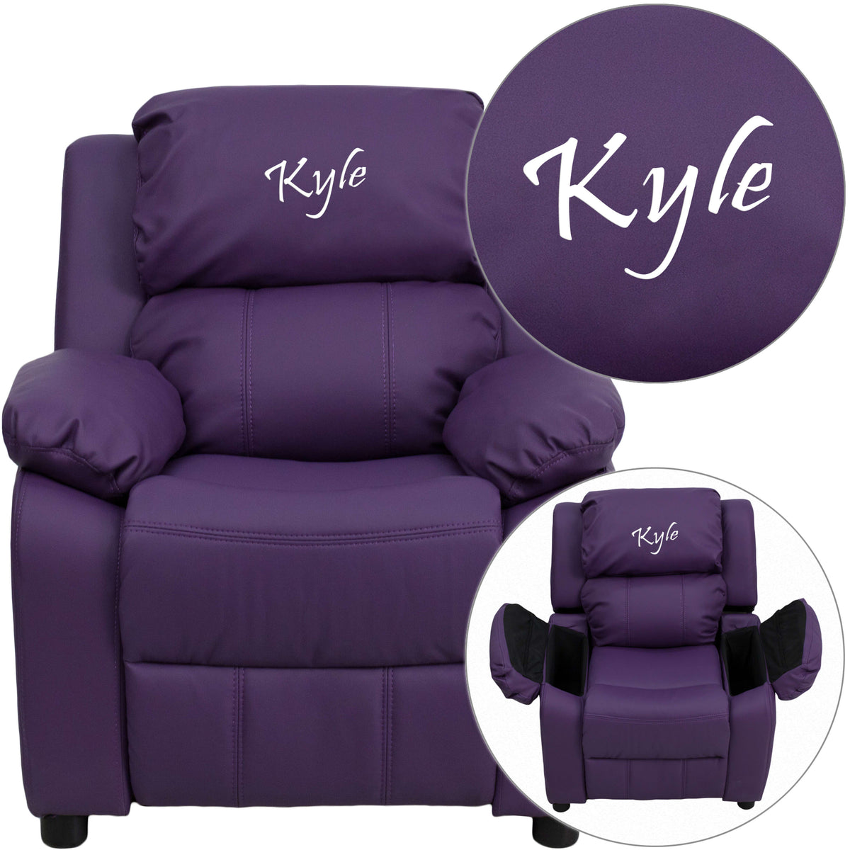 Purple Vinyl |#| Personalized Deluxe Padded Purple Vinyl Kids Recliner with Storage Arms