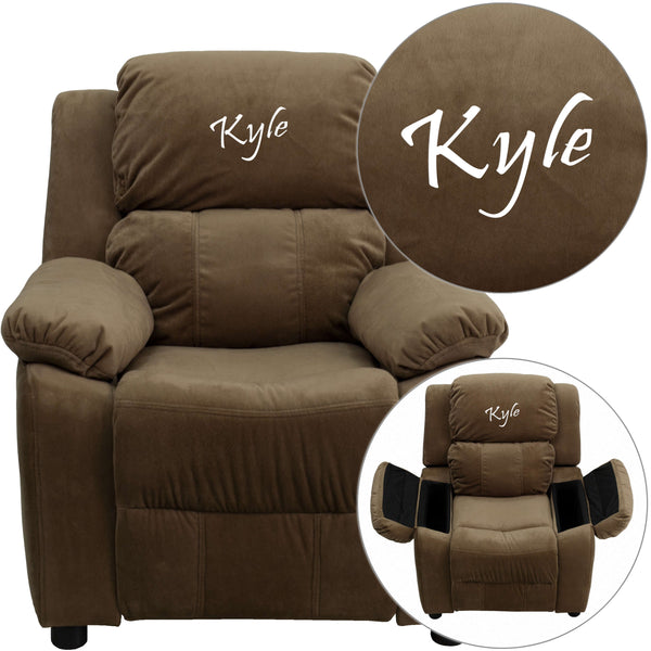 Brown Microfiber |#| Personalized Deluxe Padded Brown Microfiber Kids Recliner with Storage Arms