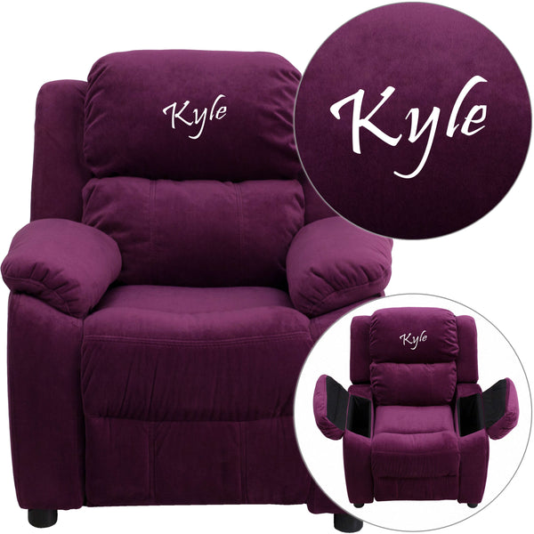 Purple Microfiber |#| Personalized Deluxe Padded Purple Microfiber Kids Recliner with Storage Arms