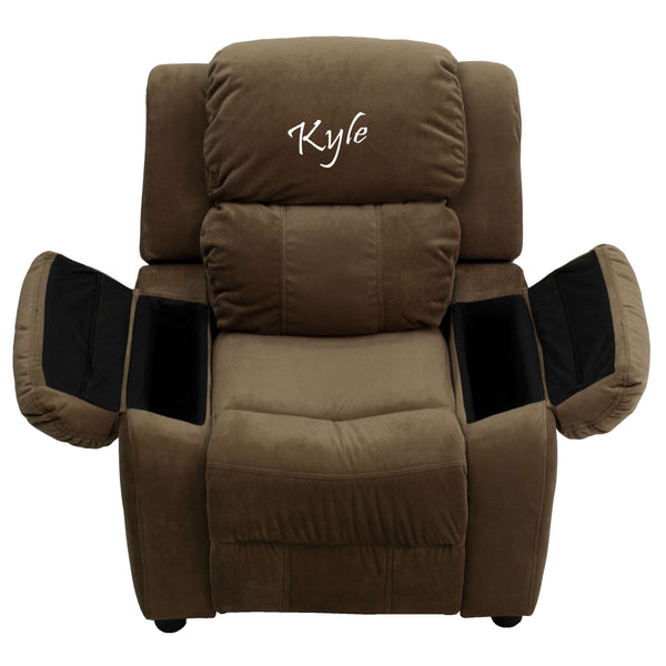 Brown Microfiber |#| Personalized Deluxe Padded Brown Microfiber Kids Recliner with Storage Arms