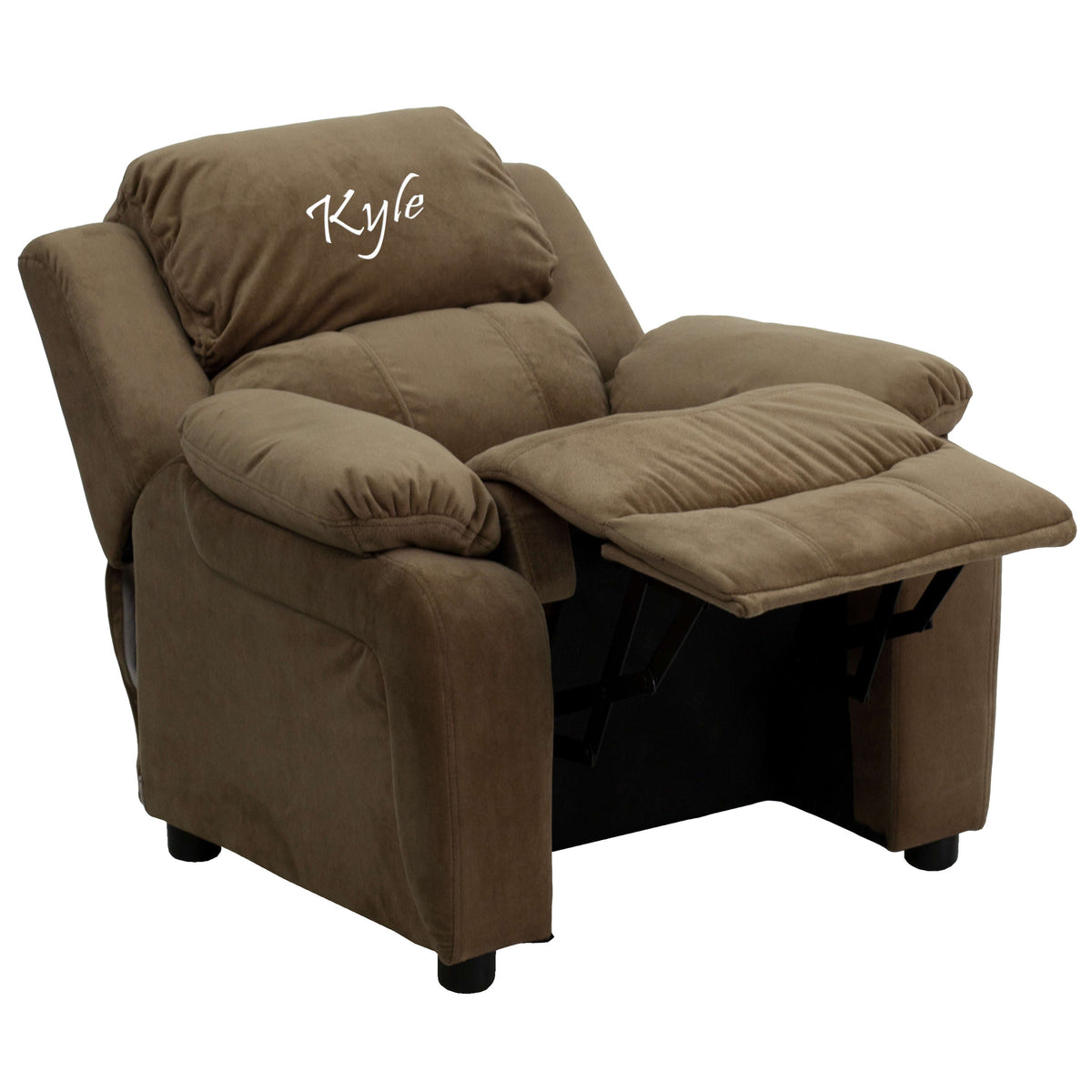 Brown Microfiber |#| Personalized Deluxe Padded Brown Microfiber Kids Recliner with Storage Arms