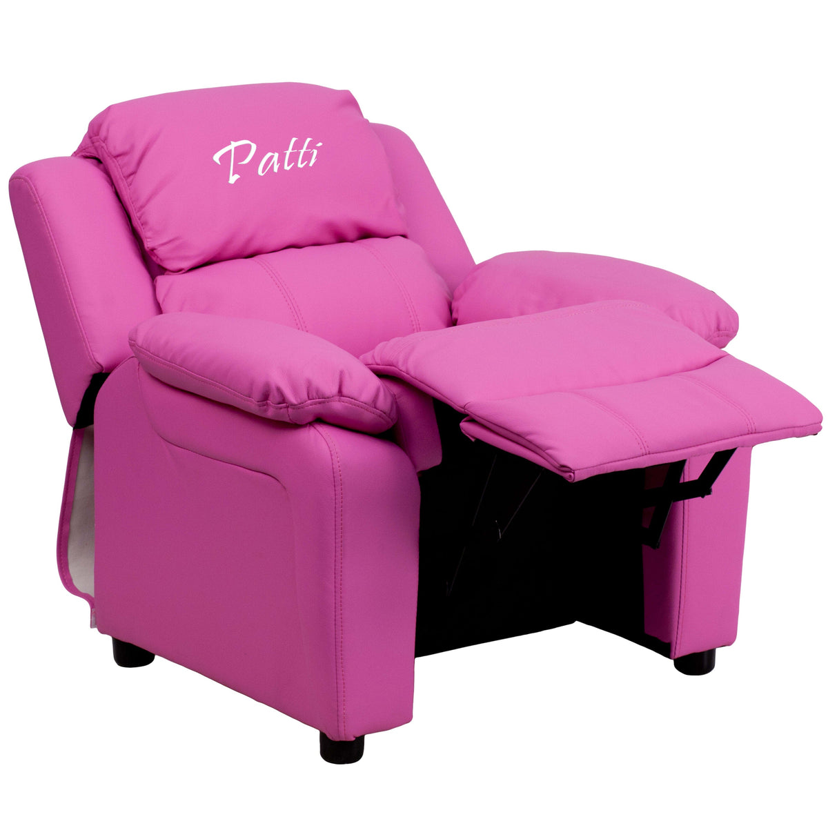 Hot Pink Vinyl |#| Personalized Deluxe Padded Hot Pink Vinyl Kids Recliner with Storage Arms