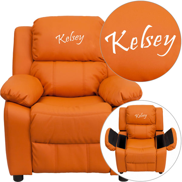 Orange Vinyl |#| Personalized Deluxe Padded Orange Vinyl Kids Recliner with Storage Arms