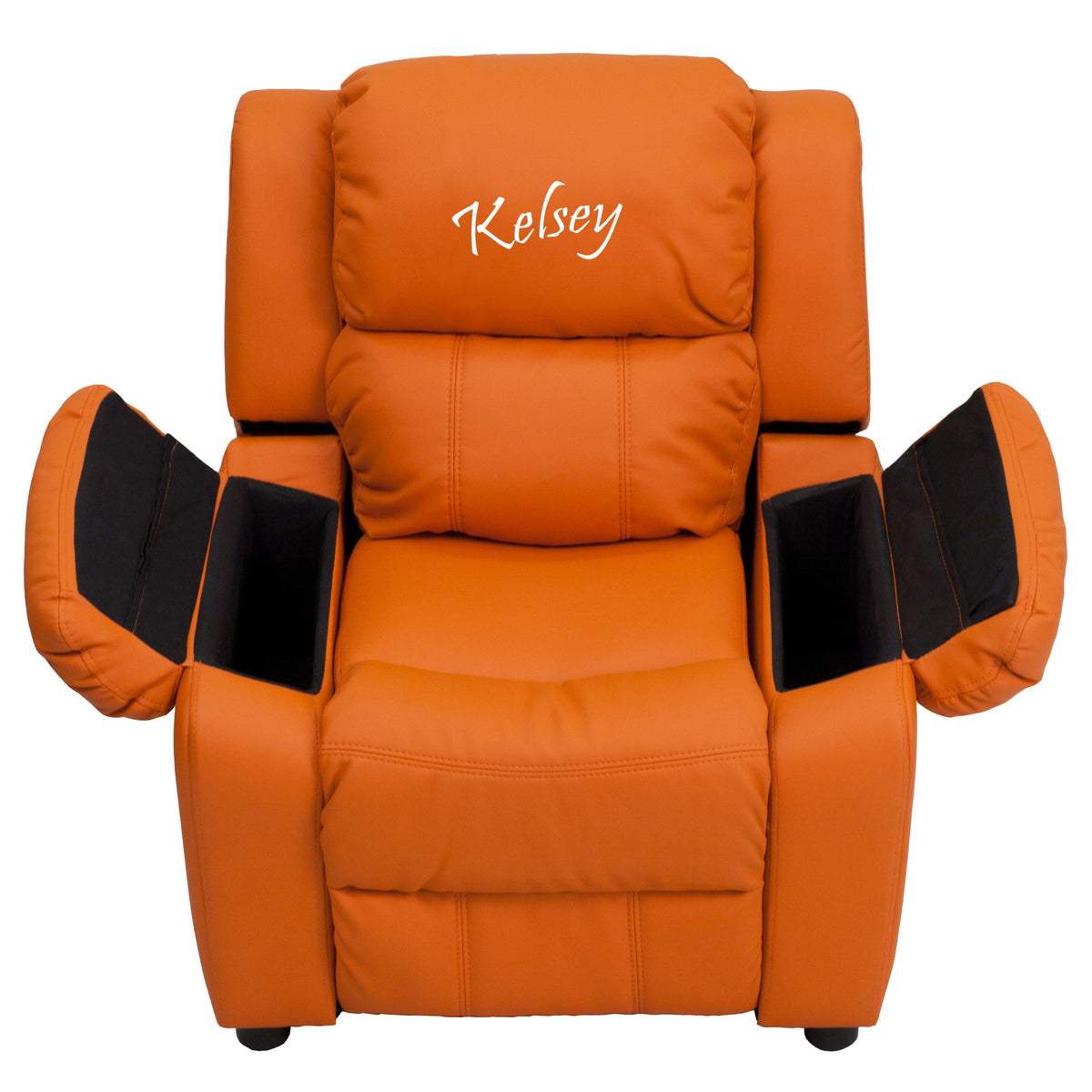 Orange Vinyl |#| Personalized Deluxe Padded Orange Vinyl Kids Recliner with Storage Arms