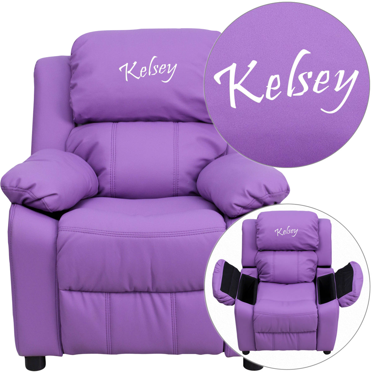 Lavender Vinyl |#| Personalized Deluxe Padded Lavender Vinyl Kids Recliner with Storage Arms