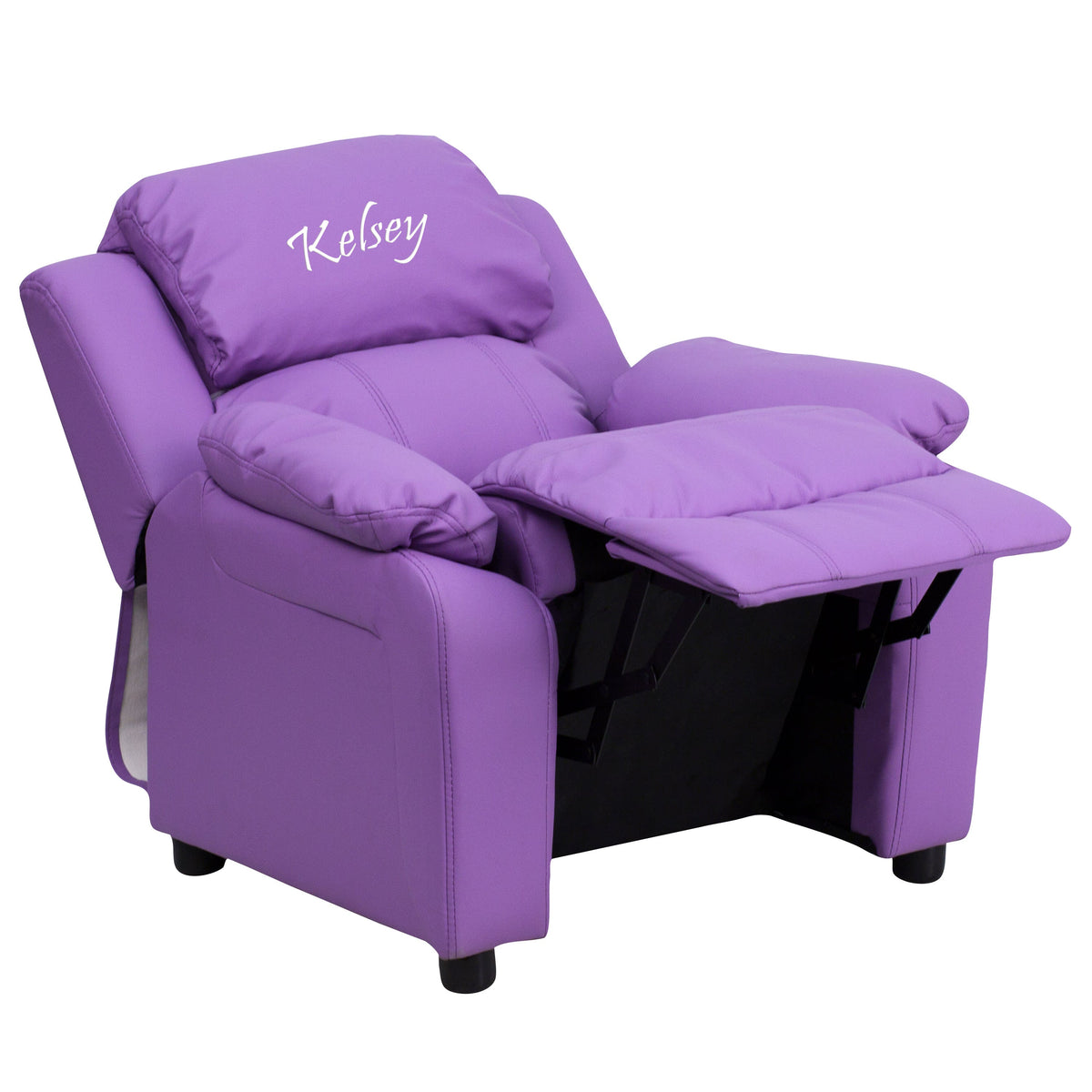 Lavender Vinyl |#| Personalized Deluxe Padded Lavender Vinyl Kids Recliner with Storage Arms