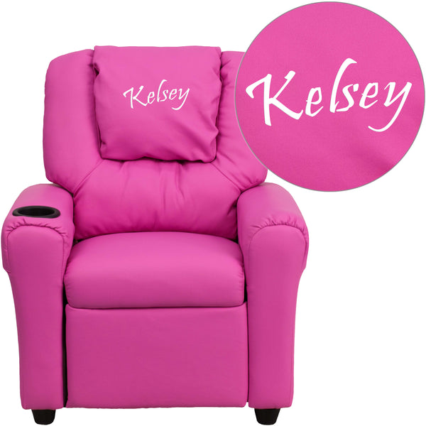 Hot Pink Vinyl |#| Personalized Hot Pink Vinyl Kids Recliner with Cup Holder and Headrest