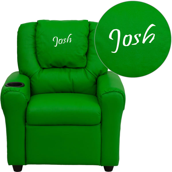 Green Vinyl |#| Personalized Green Vinyl Kids Recliner with Cup Holder and Headrest