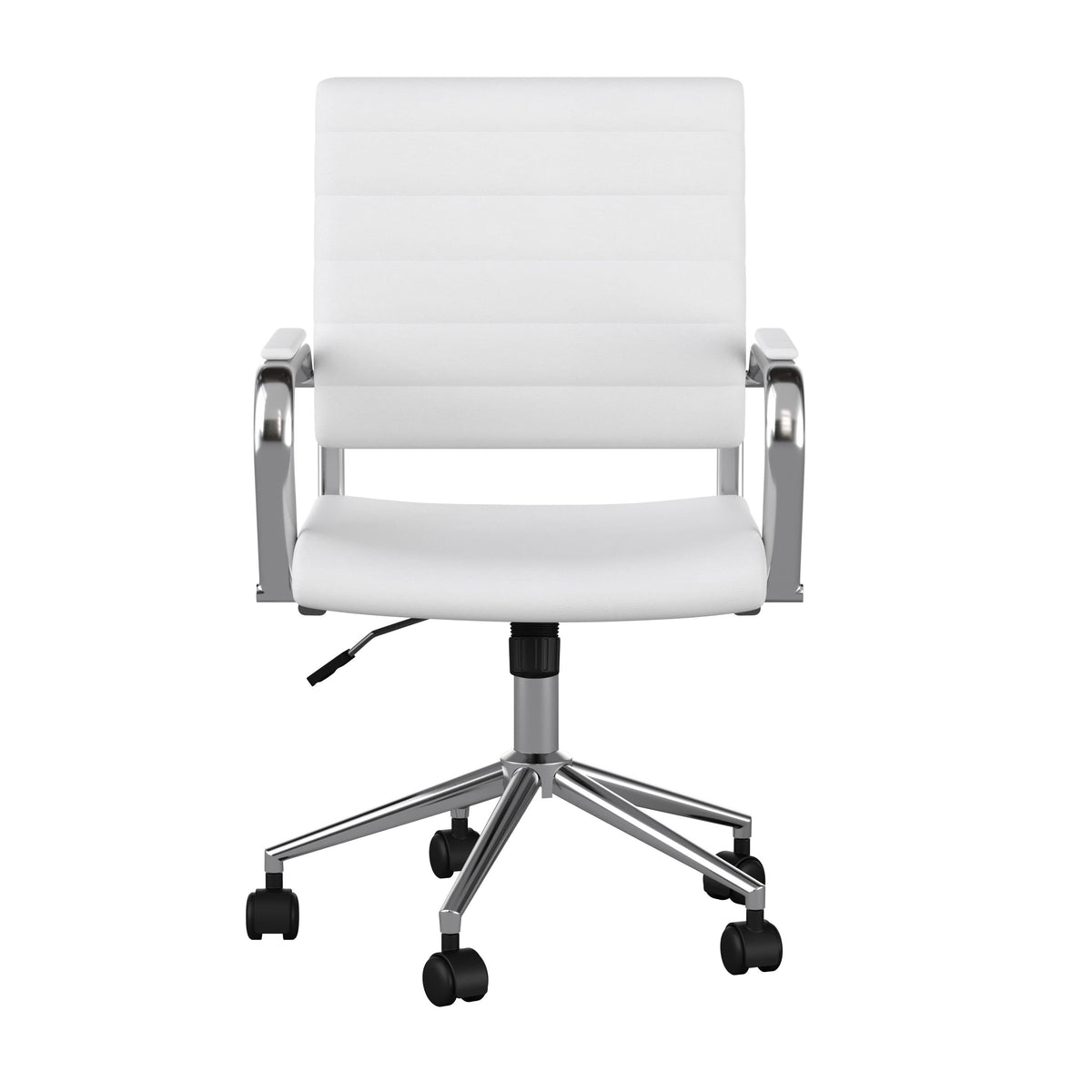 White Faux Leather/Polished Nickel |#| Ribbed Faux Leather Swivel Home Office Chair with Armrests-White/Polished Nickel