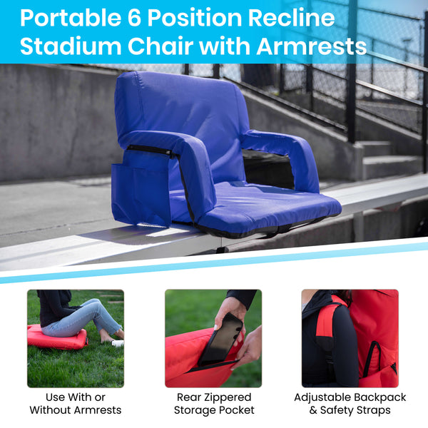 Blue |#| Backpack Reclining Padded Stadium Chairs with Armrests & Storge Pockets in Blue