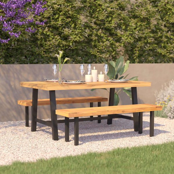 All Weather Commercial Acacia Wood Top Patio Table with Metal Base-Natural/Black