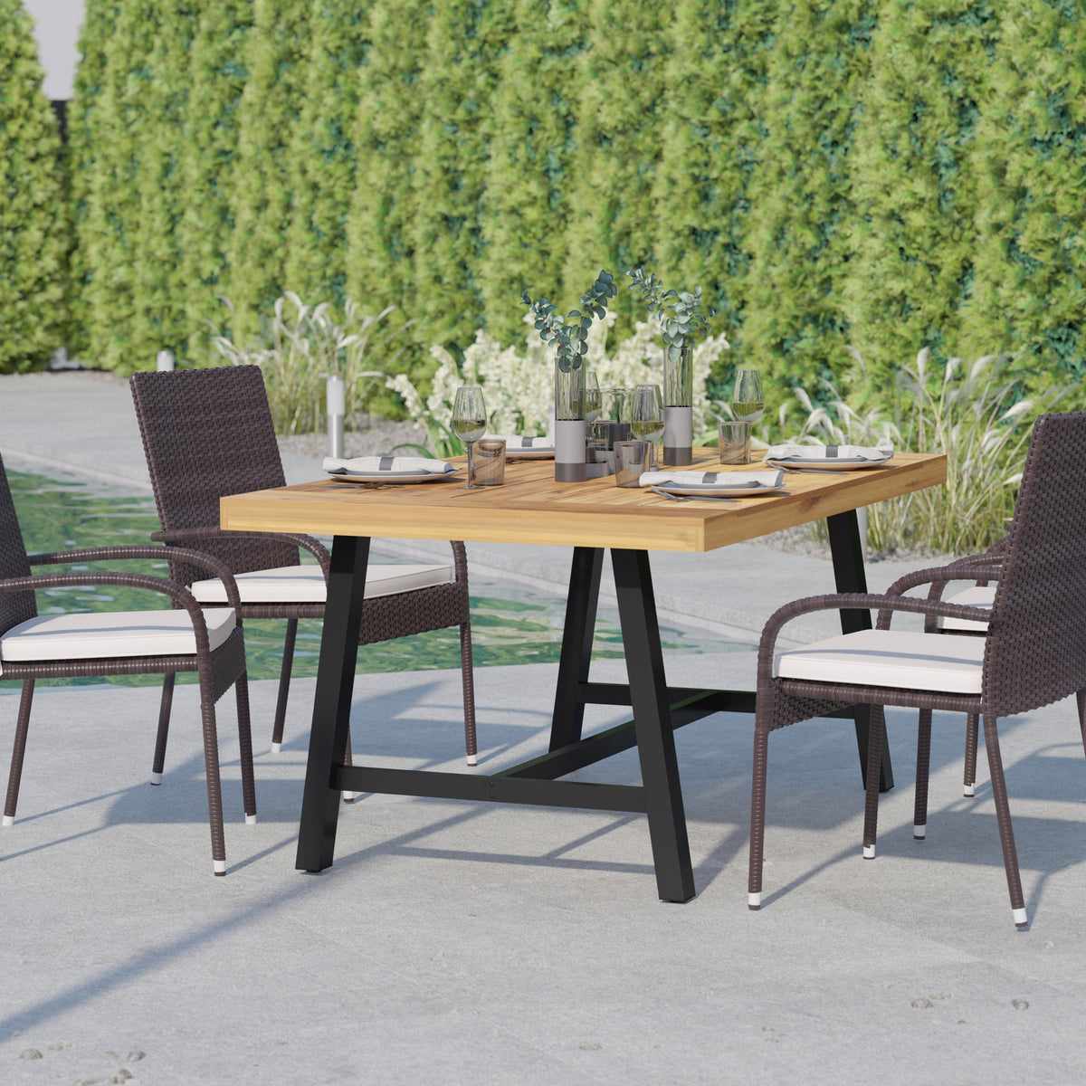 All Weather Commercial Acacia Wood Top Patio Table with Metal Base-Natural/Black