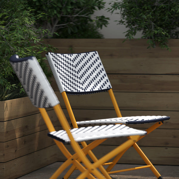 Navy & White |#| 2PC Navy and White Indoor/Outdoor PE Rattan Folding Bistro Chairs