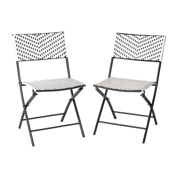 Black/White |#| 2PC Black and White Indoor/Outdoor PE Rattan Folding French Bistro Chairs