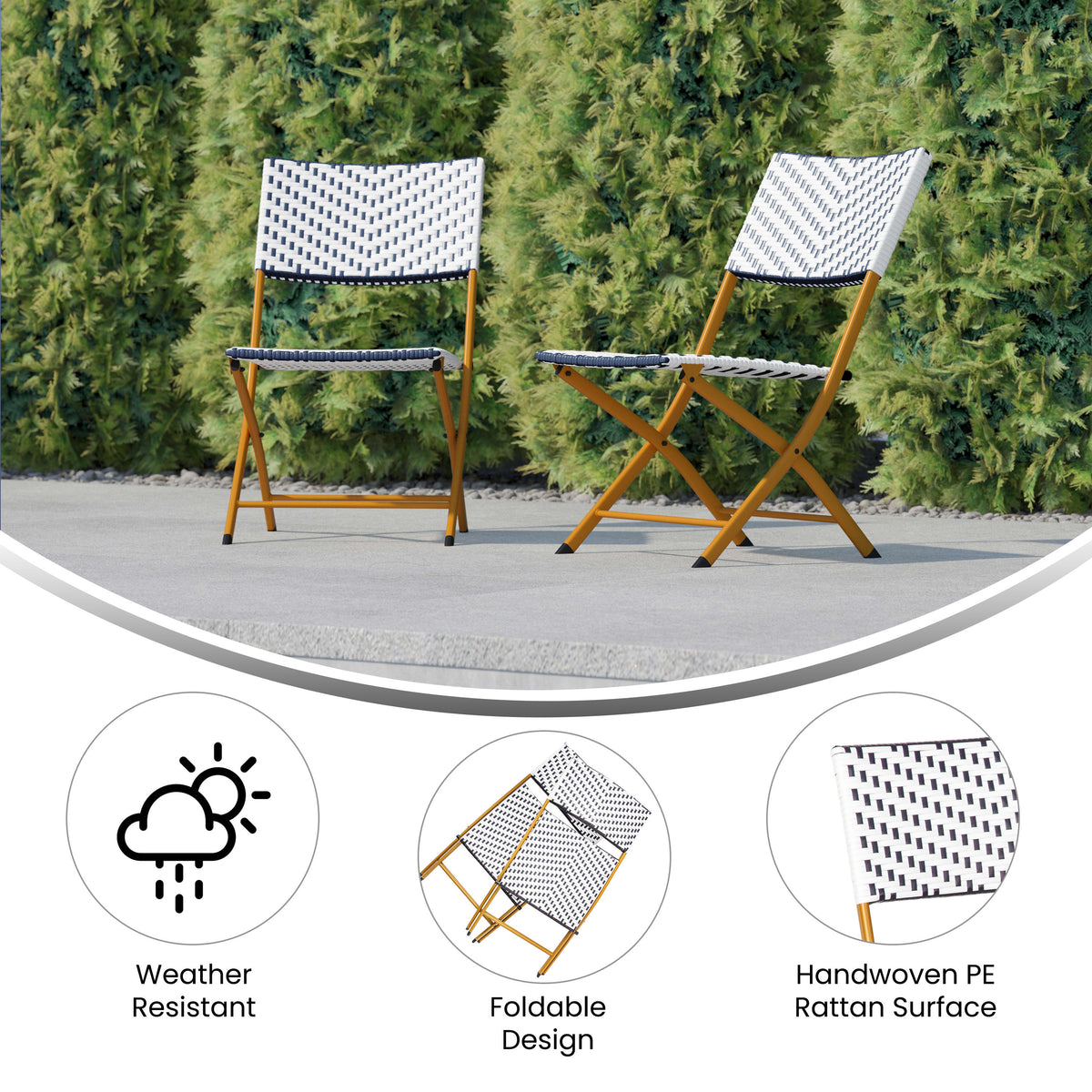 Navy/White |#| 2PC Navy and White Indoor/Outdoor PE Rattan Folding French Bistro Chairs