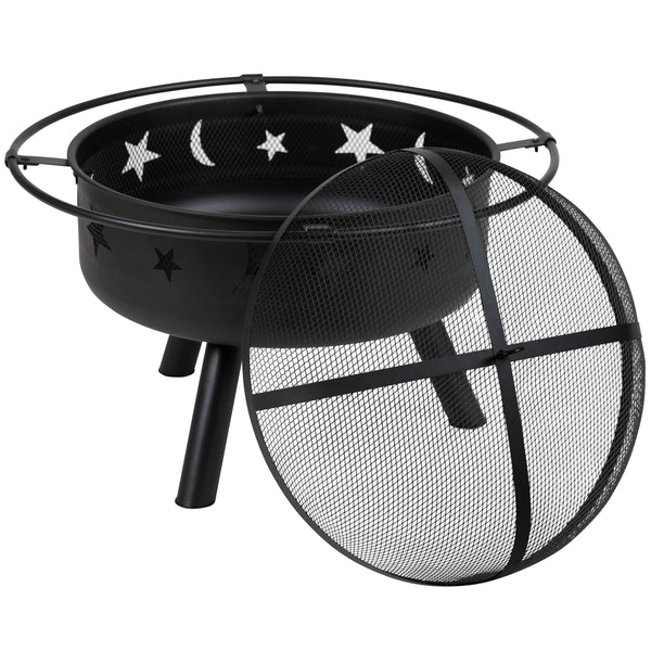 29inch Round Wood Burning Star and Moon Firepit with Mesh Spark Screen