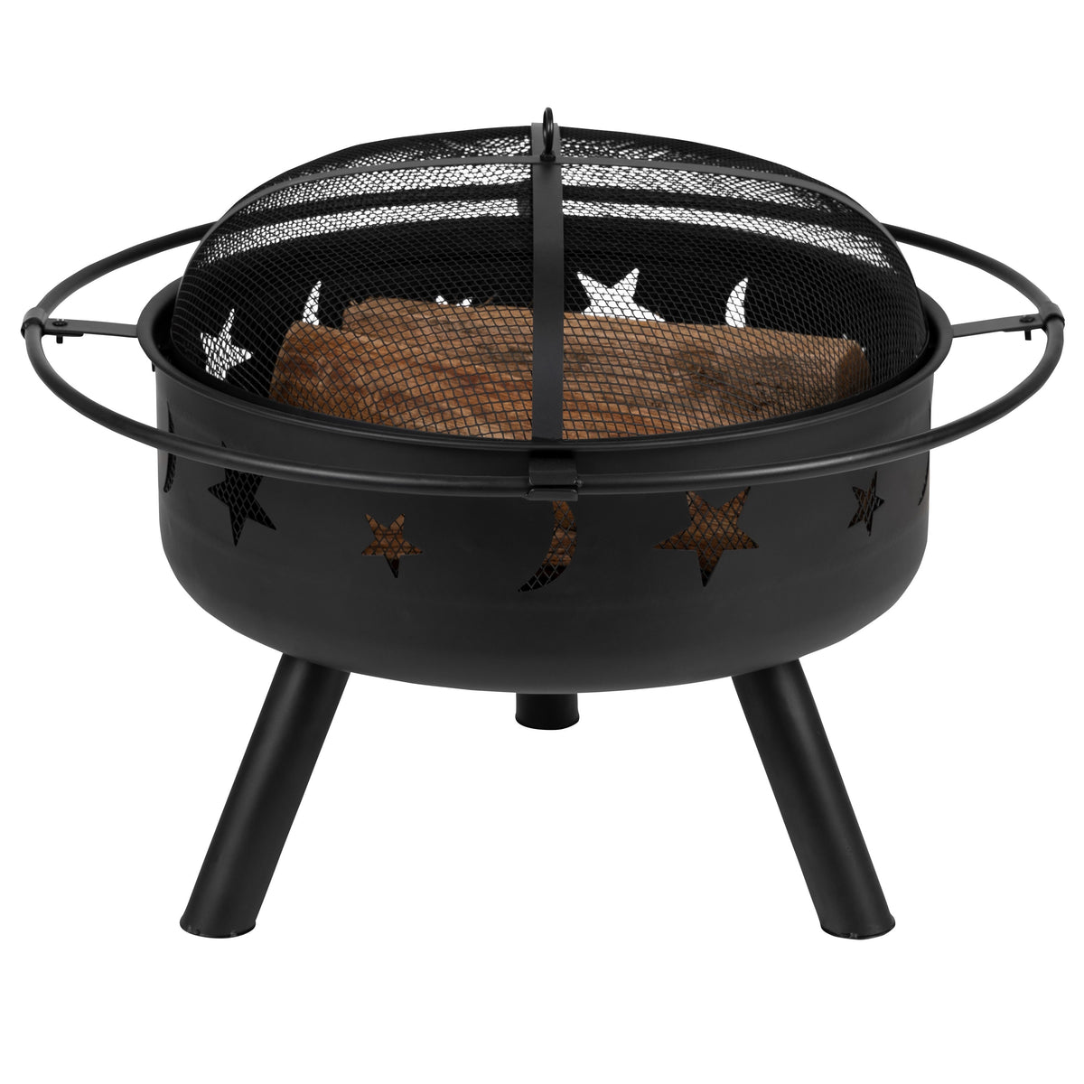 29inch Round Wood Burning Star and Moon Firepit with Mesh Spark Screen