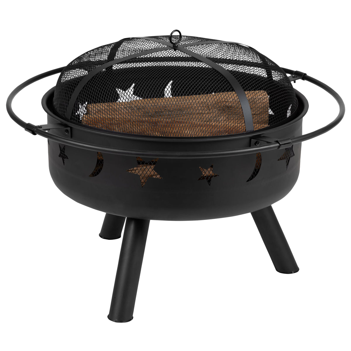 29inch Round Wood Burning Star and Moon Firepit with Mesh Spark Screen