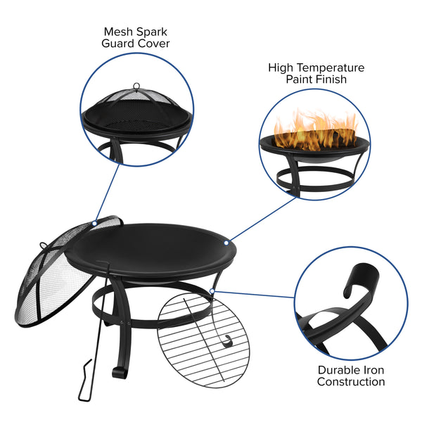 22inch Round Outdoor Portable Wood Burning Firepit with Mesh Spark Screen and Poker