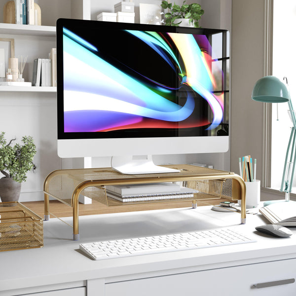 Premium Mesh Metal Desktop Monitor Riser Stand With Drawer and Storage in Gold