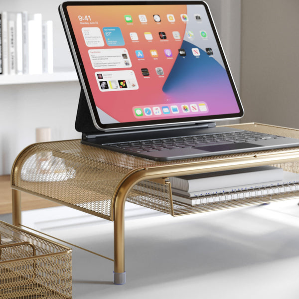 Premium Mesh Metal Desktop Monitor Riser Stand With Drawer and Storage in Gold