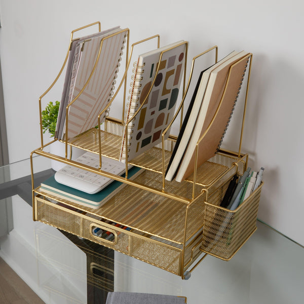 Premium Large Mesh Metal Desktop Storage Organizer With Drawer in Gold