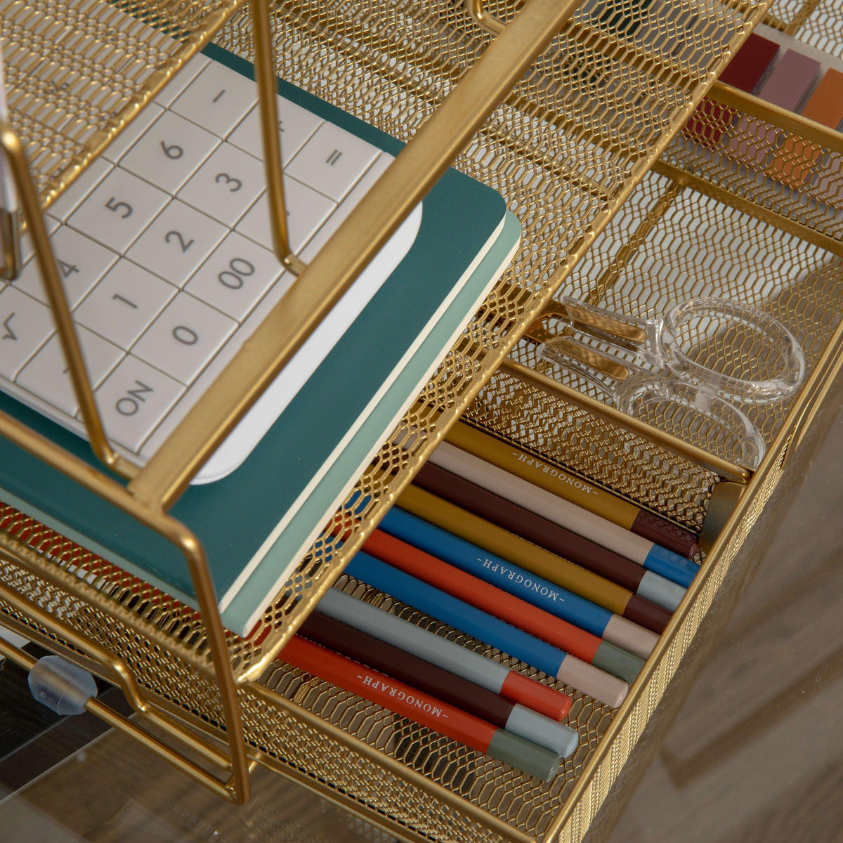 Premium Large Mesh Metal Desktop Storage Organizer With Drawer in Gold