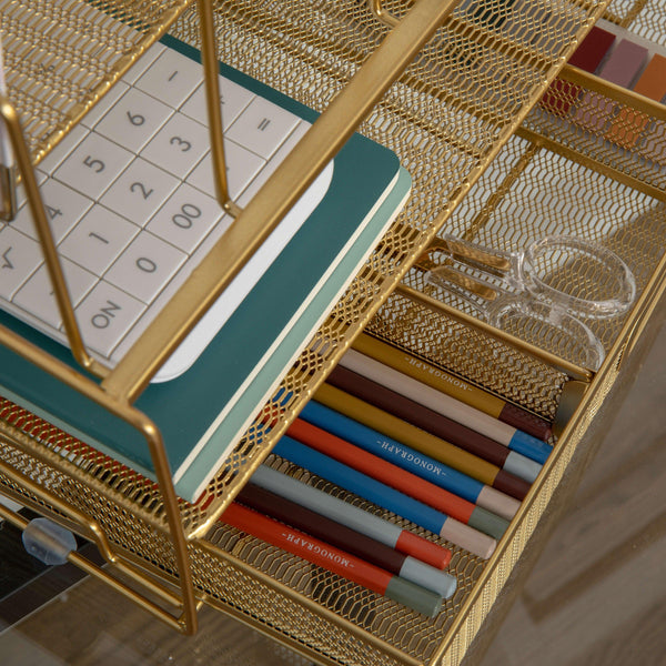 Premium Large Mesh Metal Desktop Storage Organizer With Drawer in Gold