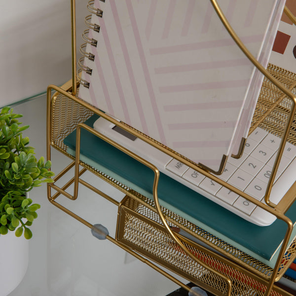 Premium Large Mesh Metal Desktop Storage Organizer With Drawer in Gold