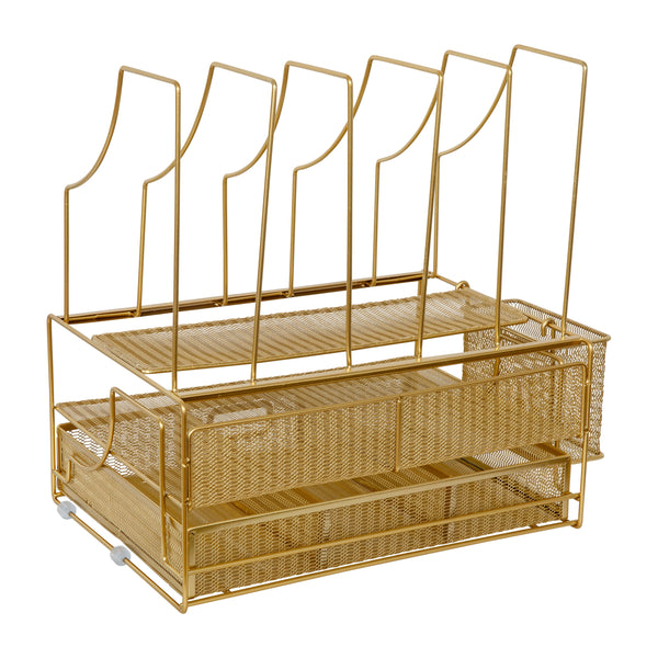 Premium Large Mesh Metal Desktop Storage Organizer With Drawer in Gold