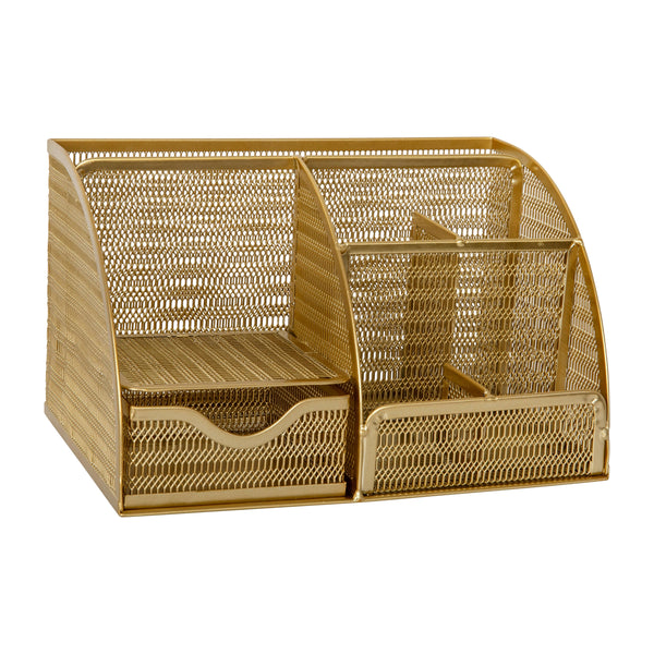 Premium Small Mesh Metal Desktop Storage Organizer With Drawer in Gold