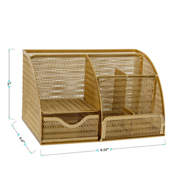 Premium Small Mesh Metal Desktop Storage Organizer With Drawer in Gold