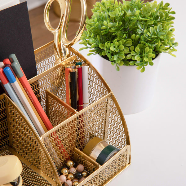 Premium Small Mesh Metal Desktop Storage Organizer With Drawer in Gold