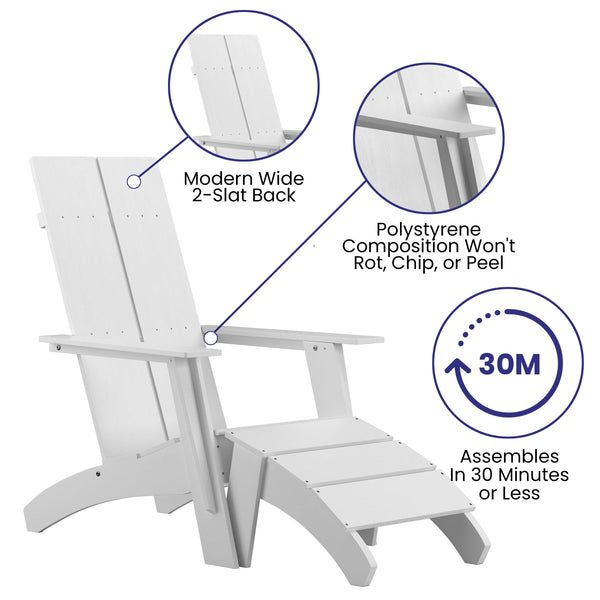 White |#| Indoor/Outdoor Modern 2-Slat Adirondack Style Chair and Footrest in White