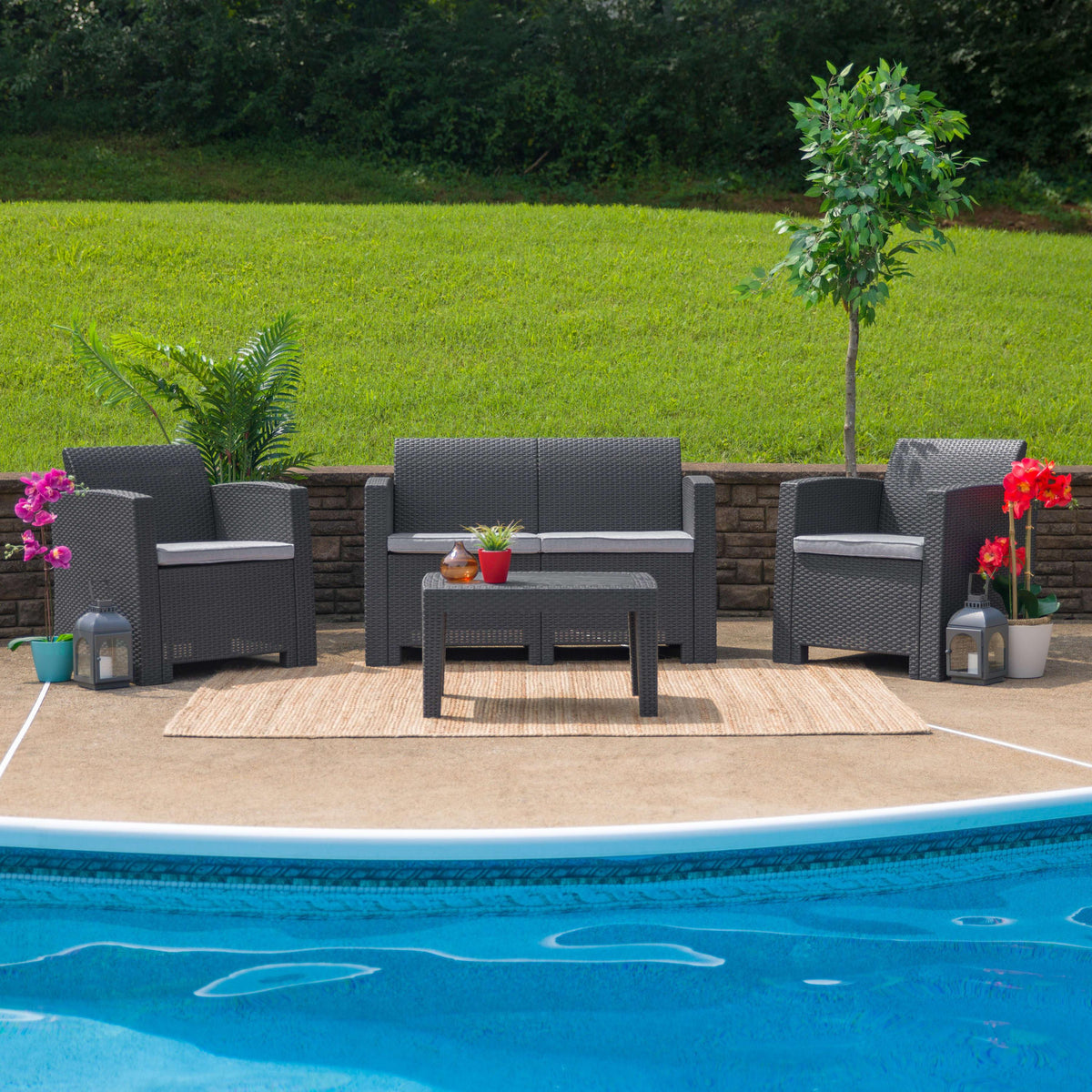 Dark Gray |#| 4 Piece Outdoor Faux Rattan Chair, Loveseat and Table Set in Dark Gray