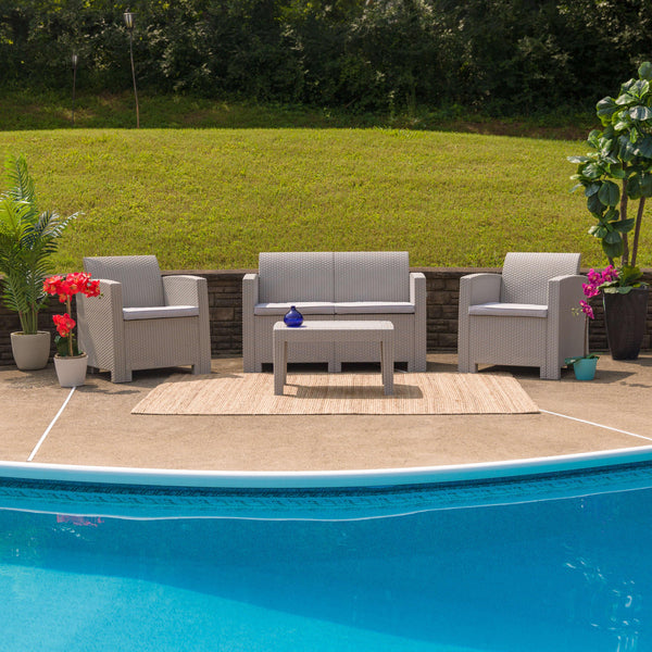 Dark Gray |#| 4 Piece Outdoor Faux Rattan Chair, Loveseat and Table Set in Dark Gray